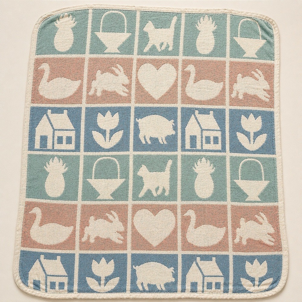 1987 Cottage Sampler Cotton Throw Blanket Crown Crafts Folk Art Reversible USA